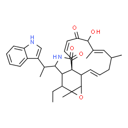 ChemSpider 2D Image | (1E,5E,9Z)-15-Ethyl-7-hydroxy-14-[1-(1H-indol-3-yl)ethyl]-4,6,15a-trimethyl-4,7,14,14a,15,15a,16a,16b-octahydro-3H-cyclotrideca[d]oxireno[f]isoindole-8,11,12(13H)-trione | C34H40N2O5