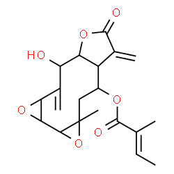 ChemSpider 2D Image | 4-Hydroxy-9a-methyl-3,7-bis(methylene)-6-oxododecahydrobisoxireno[5,6:7,8]cyclodeca[1,2-b]furan-8-yl (2E)-2-methyl-2-butenoate | C20H24O7