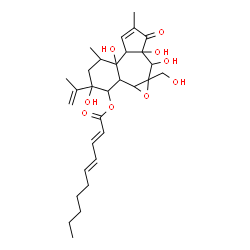 ChemSpider 2D Image | 3,6,6a,9b-Tetrahydroxy-5a-(hydroxymethyl)-3-isopropenyl-1,8-dimethyl-7-oxo-1,2,3,4,4a,4b,5a,6,6a,7,9a,9b-dodecahydrobenzo[7,8]azuleno[5,6-b]oxiren-4-yl (2E,4E)-2,4-decadienoate | C30H42O9