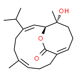 ChemSpider 2D Image | (1S,2E,6Z,10Z,14R)-14-Hydroxy-3-isopropyl-6,14-dimethyl-15-oxabicyclo[8.4.2]hexadeca-2,6,10-trien-16-one | C20H30O3