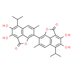 ChemSpider 2D Image | 3,3',4,4'-Tetrahydroxy-5,5'-diisopropyl-7,7'-dimethyl-2H,2'H-8,8'-binaphtho[1,8-bc]furan-2,2'-dione | C30H26O8