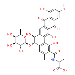 ChemSpider 2D Image | (2R)-2-({[(5S,6S)-1,6,9,14-Tetrahydroxy-11-methoxy-3-methyl-8,13-dioxo-5-{[(2S,3R,4S,5R,6R)-3,4,5-trihydroxy-6-methyltetrahydro-2H-pyran-2-yl]oxy}-5,6,8,13-tetrahydrobenzo[a]tetracen-2-yl]carbonyl}ami
no)propanoic acid | C34H33NO15