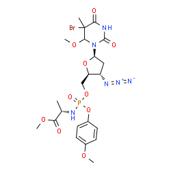 ChemSpider 2D Image | Methyl (2S)-2-{[{[(2S,3S,5R)-3-azido-5-(5-bromo-6-methoxy-5-methyl-2,4-dioxotetrahydro-1(2H)-pyrimidinyl)tetrahydro-2-furanyl]methoxy}(4-methoxyphenoxy)phosphoryl]amino}propanoate | C22H30BrN6O10P