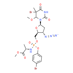 ChemSpider 2D Image | Methyl (2S)-2-{[{[(2S,3S,5R)-3-azido-5-(5-bromo-6-methoxy-5-methyl-2,4-dioxotetrahydro-1(2H)-pyrimidinyl)tetrahydro-2-furanyl]methoxy}(4-bromophenoxy)phosphoryl]amino}propanoate | C21H27Br2N6O9P
