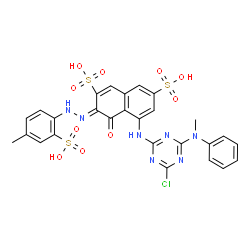 ChemSpider 2D Image | (3Z)-5-({4-Chloro-6-[methyl(phenyl)amino]-1,3,5-triazin-2-yl}amino)-3-[(4-methyl-2-sulfophenyl)hydrazono]-4-oxo-3,4-dihydro-2,7-naphthalenedisulfonic acid | C27H22ClN7O10S3