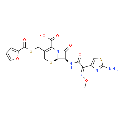 ChemSpider 2D Image | (6R,7R)-7-{[(2E)-2-(2-Amino-1,3-thiazol-4-yl)-2-(methoxyimino)acetyl]amino}-3-[(2-furoylsulfanyl)methyl]-8-oxo-5-thia-1-azabicyclo[4.2.0]oct-2-ene-2-carboxylic acid | C19H17N5O7S3