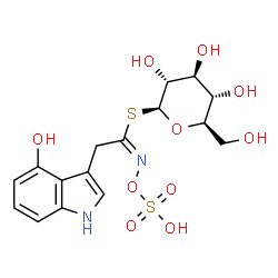 ChemSpider 2D Image | 1-S-[(1E)-2-(4-Hydroxy-1H-indol-3-yl)-N-(sulfooxy)ethanimidoyl]-1-thio-beta-D-glucopyranose | C16H20N2O10S2