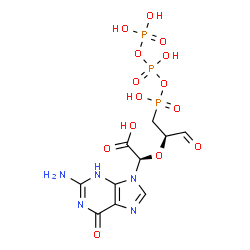 ChemSpider 2D Image | (2R)-(2-Amino-6-oxo-3,6-dihydro-9H-purin-9-yl){[(2R)-1-(hydroxy{[hydroxy(phosphonooxy)phosphoryl]oxy}phosphoryl)-3-oxo-2-propanyl]oxy}acetic acid | C10H14N5O14P3
