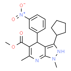 ChemSpider 2D Image | Methyl 3-cyclopentyl-1,6-dimethyl-4-(3-nitrophenyl)-2,4-dihydro-1H-pyrazolo[3,4-b]pyridine-5-carboxylate | C21H24N4O4