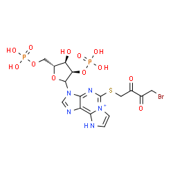 ChemSpider 2D Image | 5-[(4-Bromo-2,3-dioxobutyl)sulfanyl]-3-(2,5-di-O-phosphono-D-ribofuranosyl)-3,9-dihydroimidazo[2,1-i]purin-6-ium | C16H19BrN5O12P2S