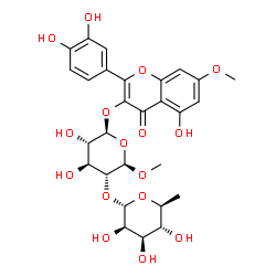 ChemSpider 2D Image | 3-{[(2S,3S,4S,5R,6R)-3,4-Dihydroxy-6-methoxy-5-{[(2S,3R,4R,5R,6S)-3,4,5-trihydroxy-6-methyltetrahydro-2H-pyran-2-yl]oxy}tetrahydro-2H-pyran-2-yl]oxy}-2-(3,4-dihydroxyphenyl)-5-hydroxy-7-methoxy-4H-chr
omen-4-one | C28H32O16