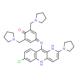 ChemSpider 2D Image | 4-{[7-Chloro-2-(1-pyrrolidinyl)-1,5-dihydrobenzo[b][1,5]naphthyridin-10-yl]imino}-2,6-bis(1-pyrrolidinylmethyl)-2,5-cyclohexadien-1-one | C32H37ClN6O