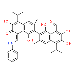ChemSpider 2D Image | (8'Z)-8'-(Anilinomethylene)-1,1',6,6',7-pentahydroxy-5,5'-diisopropyl-3,3'-dimethyl-7'-oxo-7',8'-dihydro-2,2'-binaphthalene-8-carbaldehyde | C36H35NO7