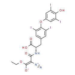 ChemSpider 2D Image | (1E)-3-({(1S)-1-Carboxy-2-[4-(4-hydroxy-3,5-diiodophenoxy)-3,5-diiodophenyl]ethyl}amino)-2-diazonio-1-ethoxy-3-oxo-1-propen-1-olate | C20H15I4N3O7