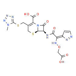 ChemSpider 2D Image | (6R,7R)-7-{[(2Z)-2-[(Carboxymethoxy)amino]-2-(3H-pyrazol-3-ylidene)acetyl]amino}-3-{[(1-methyl-1H-tetrazol-5-yl)sulfanyl]methyl}-8-oxo-5-thia-1-azabicyclo[4.2.0]oct-2-ene-2-carboxylic acid | C17H17N9O7S2