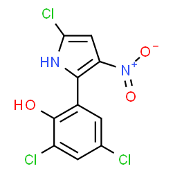 ChemSpider 2D Image | 2,4-Dichloro-6-(5-chloro-3-nitro-1H-pyrrol-2-yl)phenol | C10H5Cl3N2O3