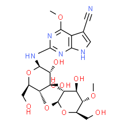 ChemSpider 2D Image | N-(5-Cyano-4-methoxy-1H-pyrrolo[2,3-d]pyrimidin-2-yl)-4-O-(4-O-methyl-beta-D-glucopyranosyl)-beta-D-glucopyranosylamine | C21H29N5O11