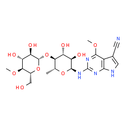 ChemSpider 2D Image | N-(5-Cyano-4-methoxy-7H-pyrrolo[2,3-d]pyrimidin-2-yl)-6-deoxy-4-O-(4-O-methyl-beta-D-glucopyranosyl)-alpha-D-glucopyranosylamine | C21H29N5O10