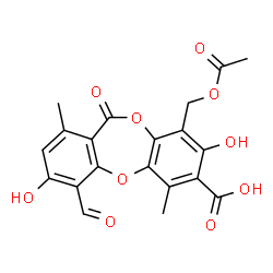 ChemSpider 2D Image | 9-(Acetoxymethyl)-4-formyl-3,8-dihydroxy-1,6-dimethyl-11-oxo-11H-dibenzo[b,e][1,4]dioxepine-7-carboxylic acid | C20H16O10