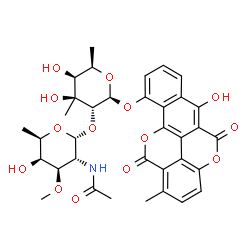 ChemSpider 2D Image | 6-Hydroxy-1-methyl-5,12-dioxo-5,12-dihydrobenzo[h]chromeno[5,4,3-cde]chromen-10-yl 2-O-(2-acetamido-2,6-dideoxy-3-O-methyl-alpha-D-galactopyranosyl)-6-deoxy-3-C-methyl-beta-D-galactopyranoside | C35H37NO14