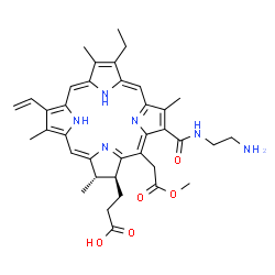 ChemSpider 2D Image | 3-[(2S,3S)-18-[(2-Aminoethyl)carbamoyl]-13-ethyl-20-(2-methoxy-2-oxoethyl)-3,7,12,17-tetramethyl-8-vinyl-2,3-dihydro-2-porphyrinyl]propanoic acid | C37H44N6O5