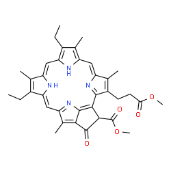 ChemSpider 2D Image | Methyl 9,14-diethyl-3-(3-methoxy-3-oxopropyl)-4,8,13,18-tetramethyl-20-oxo-3,4-didehydro-24,25-dihydrophorbine-21-carboxylate | C36H38N4O5