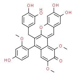 ChemSpider 2D Image | 6-(3,4-Dihydroxybenzyl)-9,10-dihydroxy-5-(4-hydroxy-2-methoxyphenyl)-1,3-dimethoxy-2H-benzo[a]xanthen-2-one | C33H26O10