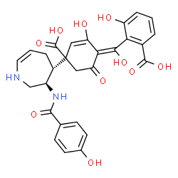 ChemSpider 2D Image | 2-[(Z)-(4-Carboxy-2-hydroxy-4-{(3R,4R)-3-[(4-hydroxybenzoyl)amino]-2,3,4,5-tetrahydro-1H-azepin-4-yl}-6-oxo-2-cyclohexen-1-ylidene)(hydroxy)methyl]-3-hydroxybenzoic acid | C28H26N2O10