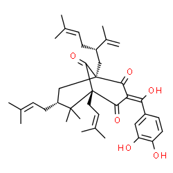 ChemSpider 2D Image | (1S,3E,5R,7R)-3-[(3,4-Dihydroxyphenyl)(hydroxy)methylene]-1-[(2S)-2-isopropenyl-5-methyl-4-hexen-1-yl]-6,6-dimethyl-5,7-bis(3-methyl-2-buten-1-yl)bicyclo[3.3.1]nonane-2,4,9-trione | C38H50O6