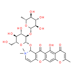 ChemSpider 2D Image | 5-Hydroxy-2,8,8-trimethyl-4,6-dioxo-7,8-dihydro-4H,6H-pyrano[3',2':6,7]chromeno[3,2-c]pyridin-8-ium-7-yl 2-O-(6-deoxy-beta-D-glucopyranosyl)-beta-D-glucopyranoside | C30H36NO15