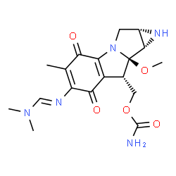 ChemSpider 2D Image | [(1aS,8S,8aR,8bS)-6-{(E)-[(Dimethylamino)methylene]amino}-8a-methoxy-5-methyl-4,7-dioxo-1,1a,2,4,7,8,8a,8b-octahydroazireno[2',3':3,4]pyrrolo[1,2-a]indol-8-yl]methyl carbamate | C18H23N5O5
