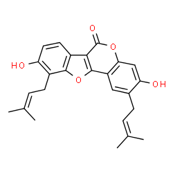 ChemSpider 2D Image | 3,9-Dihydroxy-2,10-bis(3-methyl-2-buten-1-yl)-6H-[1]benzofuro[3,2-c]chromen-6-one | C25H24O5
