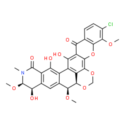 ChemSpider 2D Image | (8aR,9S,11R,12R)-3-Chloro-11,15,16-trihydroxy-4,9,12-trimethoxy-13-methyl-8a,11,12,13-tetrahydro-9H-chromeno[2',3':6,7][1,3]dioxino[4',5',6':4,5]naphtho[2,1-g]isoquinoline-14,17-dione | C29H24ClNO11