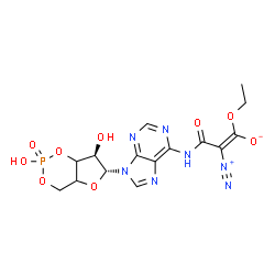 ChemSpider 2D Image | (1E)-2-Diazonio-3-({9-[(6R,7R)-2,7-dihydroxy-2-oxidotetrahydro-4H-furo[3,2-d][1,3,2]dioxaphosphinin-6-yl]-9H-purin-6-yl}amino)-1-ethoxy-3-oxo-1-propen-1-olate | C15H16N7O9P