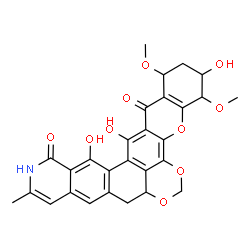 ChemSpider 2D Image | 3,15,16-Trihydroxy-1,4-dimethoxy-12-methyl-3,4,8a,13-tetrahydro-1H-chromeno[2',3':6,7][1,3]dioxino[4',5',6':4,5]naphtho[2,1-g]isoquinoline-14,17(2H,9H)-dione | C28H25NO10
