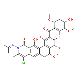 ChemSpider 2D Image | 11-Chloro-3,15,16-trihydroxy-13-(isopropylideneamino)-1,4-dimethoxy-12-methyl-3,4,8a,13-tetrahydro-1H-chromeno[2',3':6,7][1,3]dioxino[4',5',6':4,5]naphtho[2,1-g]isoquinoline-14,17(2H,9H)-dione | C31H29ClN2O10