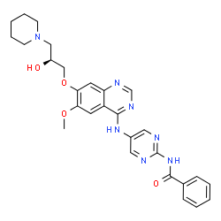 ChemSpider 2D Image | N-[5-({7-[(2S)-2-Hydroxy-3-(1-piperidinyl)propoxy]-6-methoxy-4-quinazolinyl}amino)-2-pyrimidinyl]benzamide | C28H31N7O4
