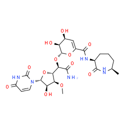 ChemSpider 2D Image | (2S,3S,4S)-2-{(1R)-2-Amino-1-[(2S,3S,4R,5R)-5-(2,4-dioxo-3,4-dihydro-1(2H)-pyrimidinyl)-4-hydroxy-3-methoxytetrahydro-2-furanyl]-2-oxoethoxy}-3,4-dihydroxy-N-[(3S,7R)-7-methyl-2-oxo-3-azepanyl]-3,4-di
hydro-2H-pyran-6-carboxamide | C24H33N5O12