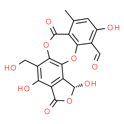 ChemSpider 2D Image | (1R)-1,4,10-Trihydroxy-5-(hydroxymethyl)-8-methyl-3,7-dioxo-1,3-dihydro-7H-2,6,12-trioxabenzo[5,6]cyclohepta[1,2-e]indene-11-carbaldehyde | C18H12O10