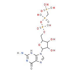 ChemSpider 2D Image | 2-Amino-9-[5-O-(hydroxy{[hydroxy(phosphonomethyl)phosphoryl]oxy}phosphoryl)pentofuranosyl]-3,9-dihydro-6H-purin-6-one | C11H18N5O13P3