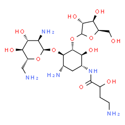 ChemSpider 2D Image | 4-Amino-N-[(1R,2S,3R,4R,5S)-5-amino-4-[(2,6-diamino-2,6-dideoxy-alpha-D-glucopyranosyl)oxy]-2-hydroxy-3-(D-xylofuranosyloxy)cyclohexyl]-2-hydroxybutanamide | C21H41N5O12