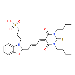 ChemSpider 2D Image | 3-[(2E)-2-[(2E)-4-(1,3-Dibutyl-4,6-dioxo-2-thioxotetrahydro-5(2H)-pyrimidinylidene)-2-buten-1-ylidene]-1,3-benzoxazol-3(2H)-yl]-1-propanesulfonic acid | C26H33N3O6S2
