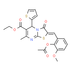 ChemSpider 2D Image | Ethyl (2Z)-2-(2-acetoxy-3-methoxybenzylidene)-7-methyl-3-oxo-5-(2-thienyl)-2,3-dihydro-5H-[1,3]thiazolo[3,2-a]pyrimidine-6-carboxylate | C24H22N2O6S2