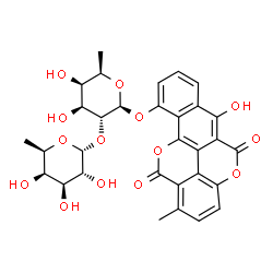 ChemSpider 2D Image | 6-Hydroxy-1-methyl-5,12-dioxo-5,12-dihydrobenzo[h]chromeno[5,4,3-cde]chromen-10-yl 6-deoxy-2-O-(6-deoxy-alpha-D-galactopyranosyl)-beta-D-galactopyranoside | C31H30O14