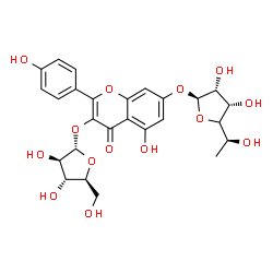 ChemSpider 2D Image | 3-(alpha-L-Arabinofuranosyloxy)-5-hydroxy-2-(4-hydroxyphenyl)-4-oxo-4H-chromen-7-yl (4xi)-6-deoxy-alpha-L-lyxo-hexofuranoside | C26H28O14