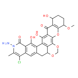 ChemSpider 2D Image | 13-Amino-11-chloro-1,15,16-trihydroxy-4-methoxy-12-methyl-3,4,8a,13-tetrahydro-1H-chromeno[2',3':6,7][1,3]dioxino[4',5',6':4,5]naphtho[2,1-g]isoquinoline-14,17(2H,9H)-dione | C27H23ClN2O9