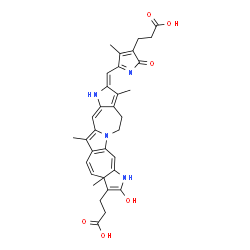 ChemSpider 2D Image | 3-(5-{(E)-[3-(2-Carboxyethyl)-2-hydroxy-3a,6,10-trimethyl-3a,8,11,12-tetrahydropyrrolo[2'',3'':4',5']cyclohepta[1',2':4,5]pyrrolo[1,2-a]pyrrolo[2,3-d]azepin-9(1H)-ylidene]methyl}-4-methyl-2-oxo-2H-pyr
rol-3-yl)propanoic acid | C33H34N4O6