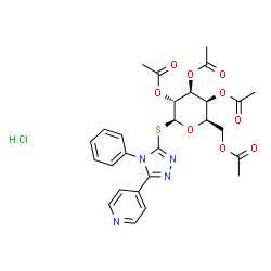 ChemSpider 2D Image | 4-Phenyl-5-(4-pyridinyl)-4H-1,2,4-triazol-3-yl 2,3,4,6-tetra-O-acetyl-1-thio-beta-D-galactopyranoside hydrochloride (1:1) | C27H29ClN4O9S