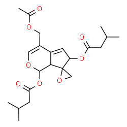ChemSpider 2D Image | 4-(Acetoxymethyl)-6,7a-dihydro-1H-spiro[cyclopenta[c]pyran-7,2'-oxirane]-1,6-diyl bis(3-methylbutanoate) | C22H30O8
