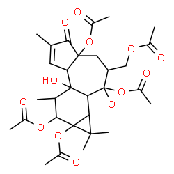 ChemSpider 2D Image | 3-(Acetoxymethyl)-2,7b-dihydroxy-1,1,6,8-tetramethyl-5-oxo-1b,3,4,5,7a,7b,8,9-octahydro-1H-cyclopropa[3,4]benzo[1,2-e]azulene-2,4a,9,9a(1aH,2H)-tetrayl tetraacetate | C30H40O13